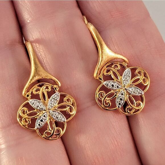 Gold Over Sterling Two Tone Clover Hinge Drop Earrings - Picture 5 of 7
